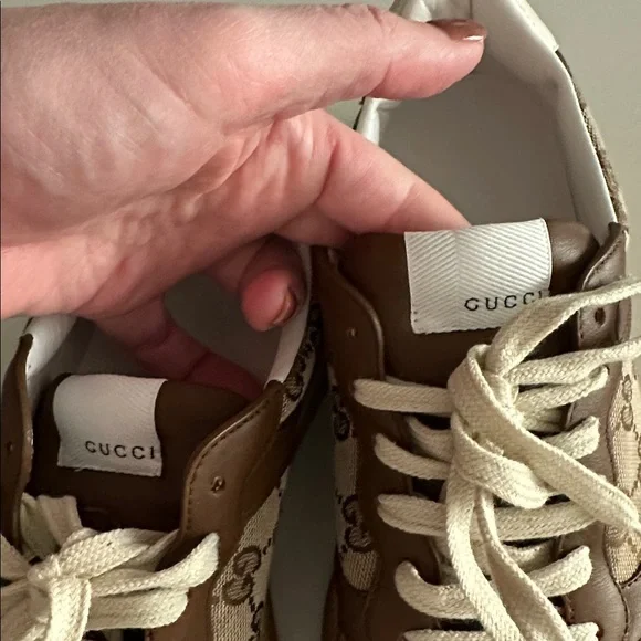 Gucci women’s Tan and Brown Logo Sneakers- never worn!